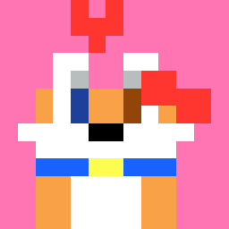 Pixel art picture of a fox named Foxie with right eye colored brown and left colored blue. She wears a blue collar, and red bow on left ear. With heart emote on floating top of the head.